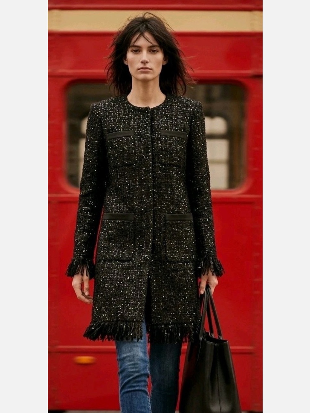 VERTIGO PARIS Black Tweed Boucle Fringe-Trim Coat XL Like New Womens Wool Blend